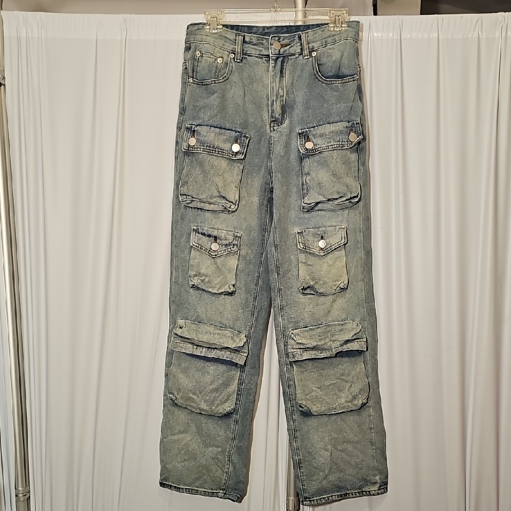 Kenvibe Womens High Rise Wide Leg Vintage Wash Blue Denum Cargo Jean M